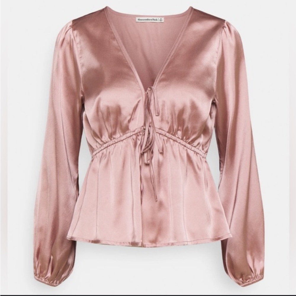 Abercrombie & Fitch Elegant Satin Drawstring Peplum Blouse in Soft Pink Blush M